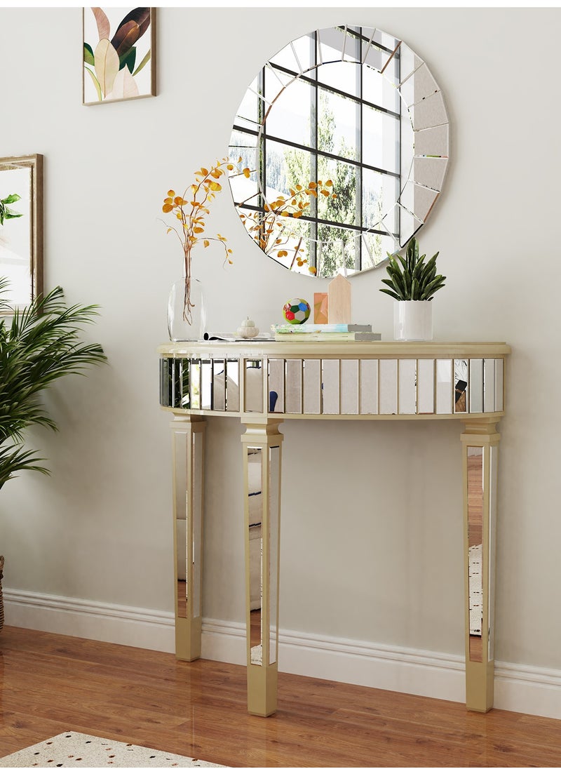 WISFOR - 90x35cm  Half Moon Glass Console Table Mirrored Finish Semi-Circle Table Top Entryway Decorative Desk with Golden Frame Glass Side Panels 3 Legs for Living Room Bedroom Hallway Display - Image 1