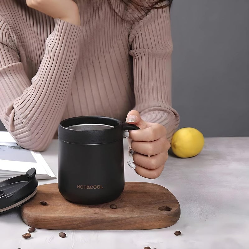 DHVSAM 350 ML Stainless Steel Coffee Mug Cup with Lid and Handle Double Wall Vacuum Insulated Coffee Tumbler Reusable and Durable Travel Coffee Cup Thermal Cup Powder Coated Black - Image 2