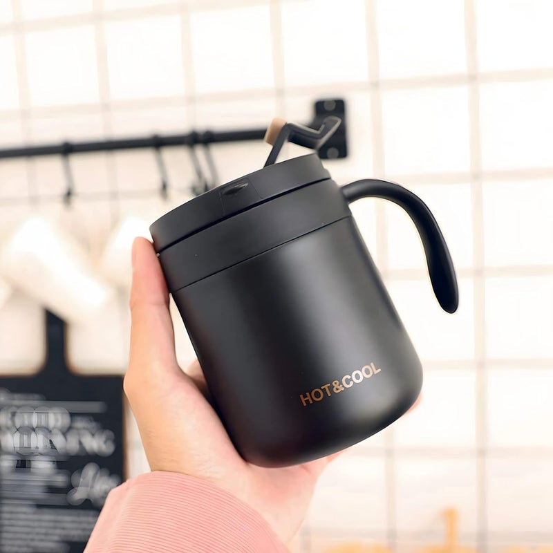 DHVSAM 350 ML Stainless Steel Coffee Mug Cup with Lid and Handle Double Wall Vacuum Insulated Coffee Tumbler Reusable and Durable Travel Coffee Cup Thermal Cup Powder Coated Black - Image 3