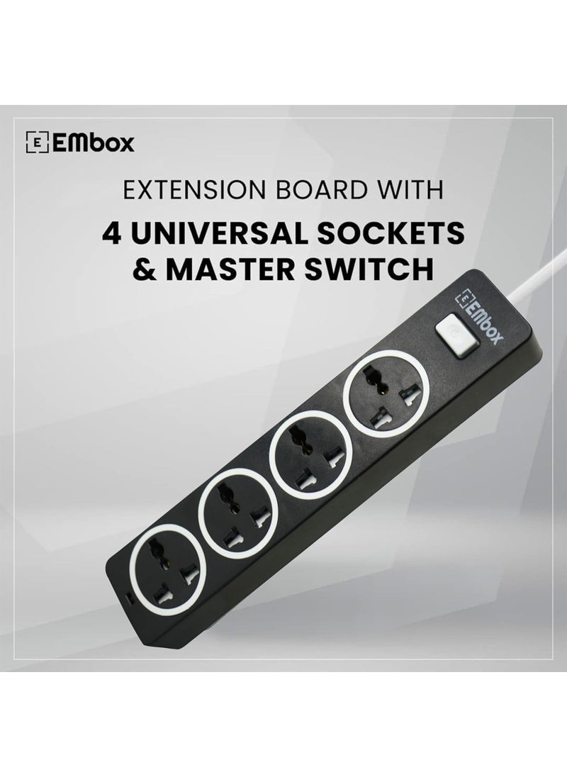 EMBOX EMBOX 10A Extension Board with Master SwitchExtension Cord with 4 Universal SocketsSpike Guard with Safety Shutter and LED Indicator1500W Black5 Meter Cable  - Image 3