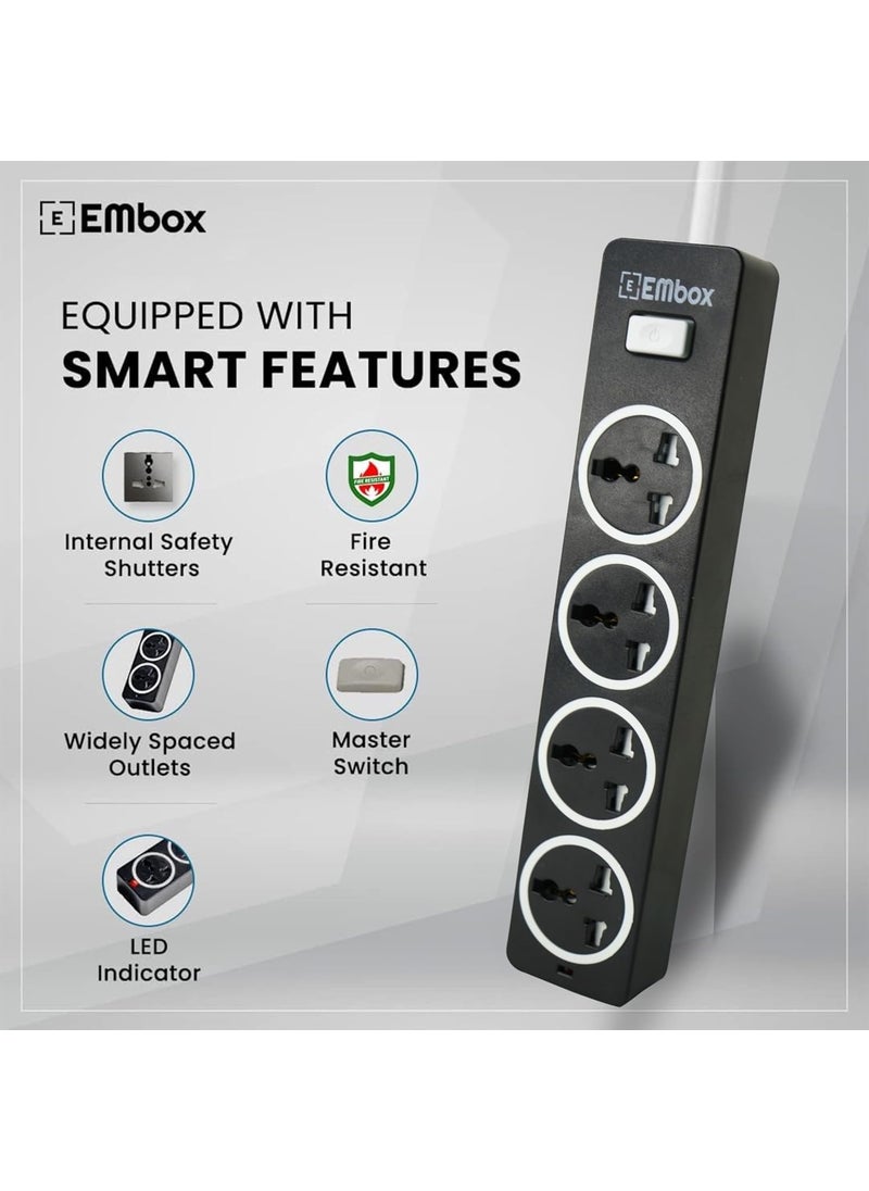 EMBOX EMBOX 10A Extension Board with Master SwitchExtension Cord with 4 Universal SocketsSpike Guard with Safety Shutter and LED Indicator1500W Black5 Meter Cable  - Image 2