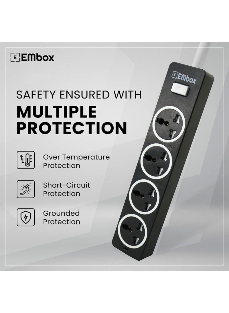 EMBOX EMBOX 10A Extension Board with Master SwitchExtension Cord with 4 Universal SocketsSpike Guard with Safety Shutter and LED Indicator1500W Black5 Meter Cable  - Image 4