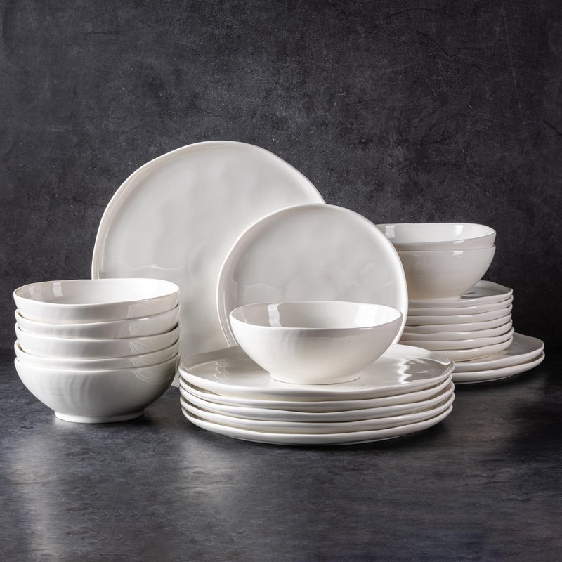 LERATIO Ceramic Dinnerware Sets for 8,Porcelain Plates and Bowls Sets with Wavy Edge, Oven &Microwave & Dishwasher &Safe,Light Weight & Scratch Resistant Dishes Sets-Service for 8 (24pcs) Peal White - Image 1
