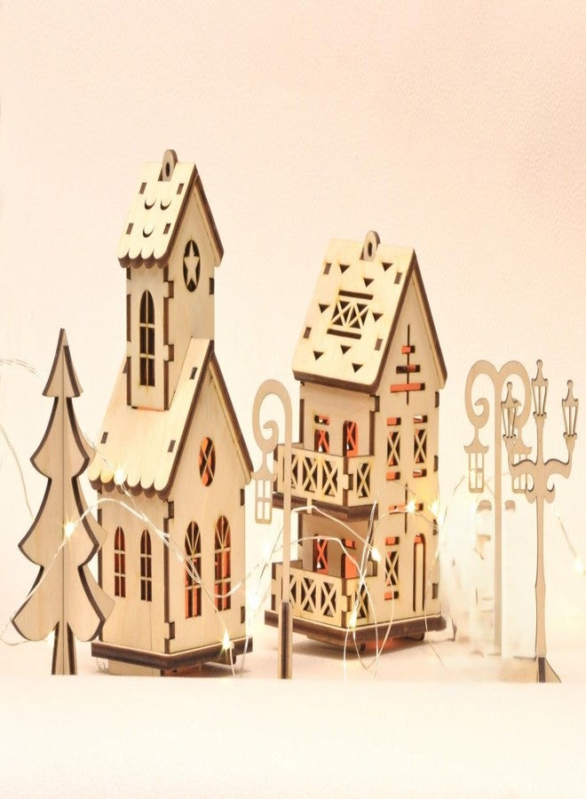Raystar™ DIY Wooden House LED Tea Light Holder, Christmas Decorative Lantern, Hanging Holder (5 House) - Image 1