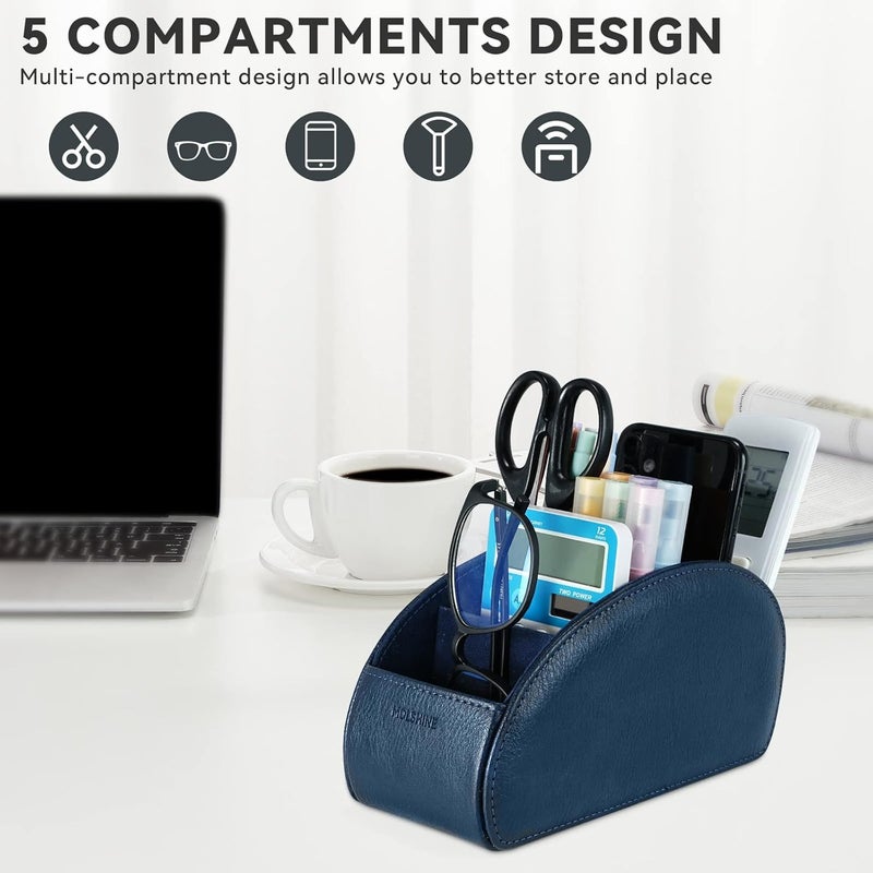 molshine Remote Control Holder with 5 Compartments,Pu Leather Office Organization Storage Caddy Box for Tv Remote ,Heater Controllers,Media Player,Office Supplies,Makeup Brush (Navy Blue) - Image 5