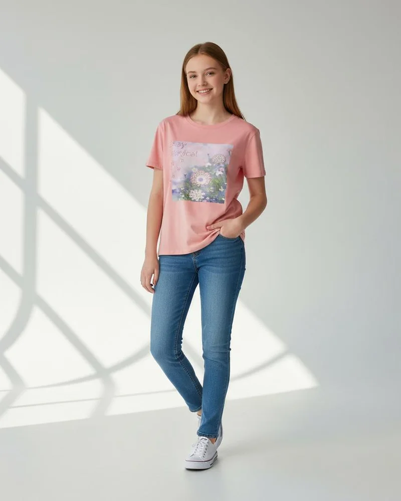 Redtag Senior Girls Peach Graphic Round Neck T-Shirt