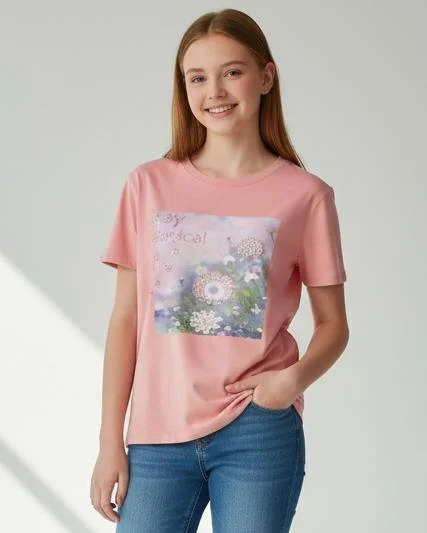 Redtag Senior Girls Peach Graphic Round Neck T-Shirt