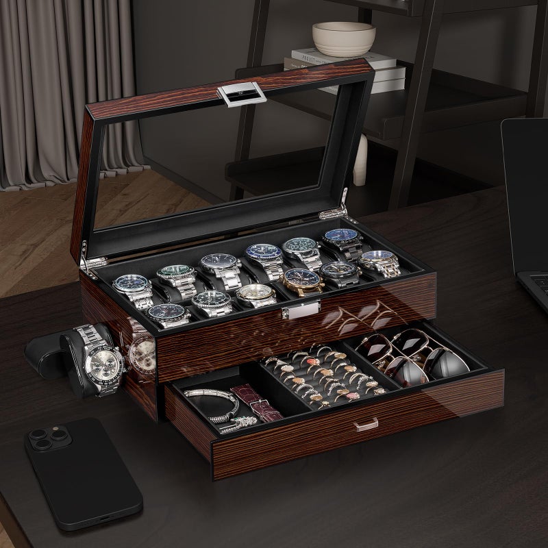 BEWISHOME صندوق ساعات BEWISHOME الفاخر، صندوق ساعات بـ 12 فتحة مع درج للخدمة، صندوق عرض ساعات خشبي بطبقتين للمجوهرات، منظم ساعات لحفظ الساعات للرجال والنساء بني SSH02Y - Image 2