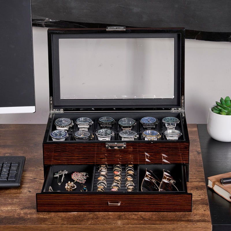 BEWISHOME صندوق ساعات BEWISHOME الفاخر، صندوق ساعات بـ 12 فتحة مع درج للخدمة، صندوق عرض ساعات خشبي بطبقتين للمجوهرات، منظم ساعات لحفظ الساعات للرجال والنساء بني SSH02Y - Image 3