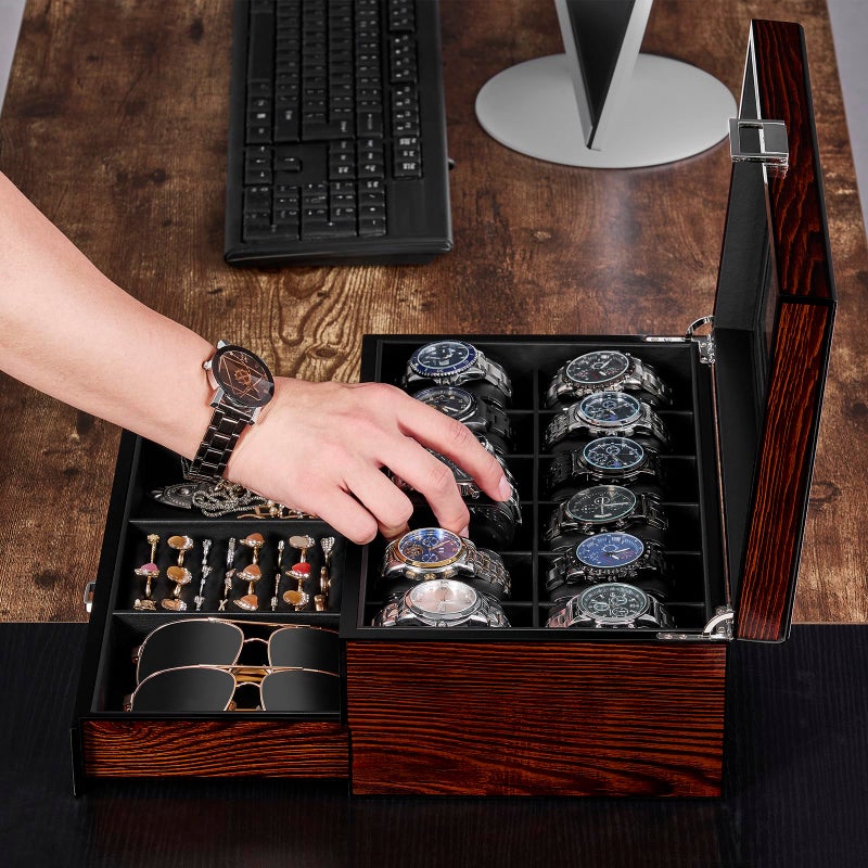 BEWISHOME صندوق ساعات BEWISHOME الفاخر، صندوق ساعات بـ 12 فتحة مع درج للخدمة، صندوق عرض ساعات خشبي بطبقتين للمجوهرات، منظم ساعات لحفظ الساعات للرجال والنساء بني SSH02Y - Image 4