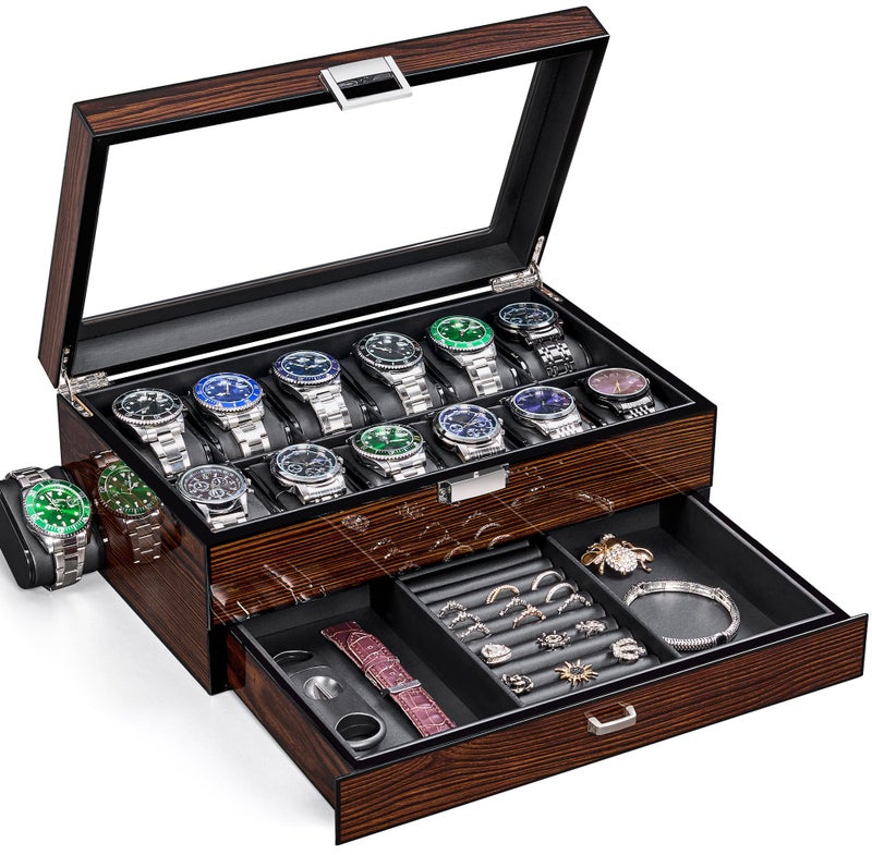 BEWISHOME صندوق ساعات BEWISHOME الفاخر، صندوق ساعات بـ 12 فتحة مع درج للخدمة، صندوق عرض ساعات خشبي بطبقتين للمجوهرات، منظم ساعات لحفظ الساعات للرجال والنساء بني SSH02Y - Image 1