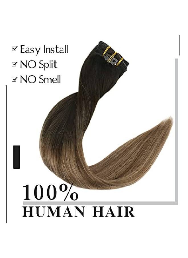 Easyouth - Clip In Hair Extensions Human Hair Balayage Clip In Extensions Ombre Brown Fading To Medium Brown With Ash Blonde Clip In Real Human Hair Natural Straight 16 Inch 120G/7Pcs - Image 1
