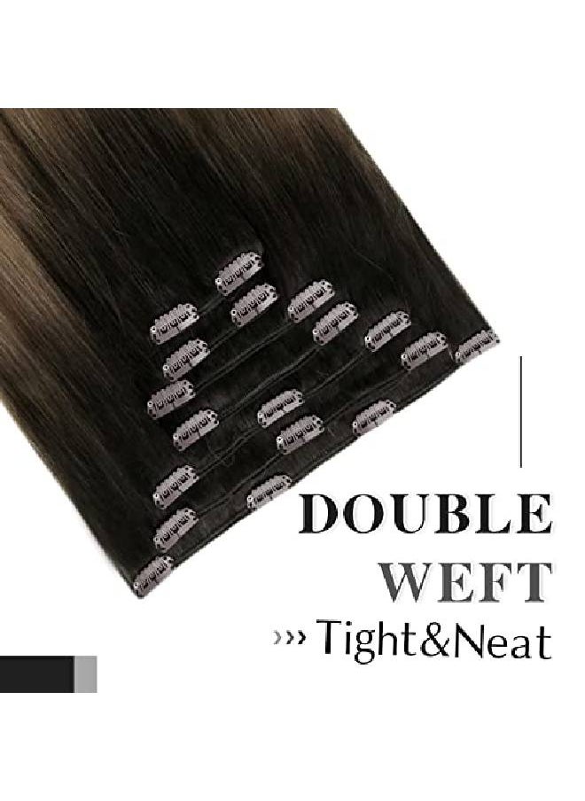 Easyouth - Clip In Hair Extensions Human Hair Balayage Clip In Extensions Ombre Brown Fading To Medium Brown With Ash Blonde Clip In Real Human Hair Natural Straight 16 Inch 120G/7Pcs - Image 1