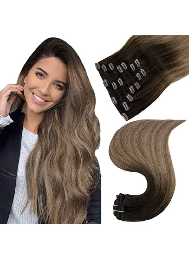 Easyouth - Clip In Hair Extensions Human Hair Balayage Clip In Extensions Ombre Brown Fading To Medium Brown With Ash Blonde Clip In Real Human Hair Natural Straight 16 Inch 120G/7Pcs - Image 1