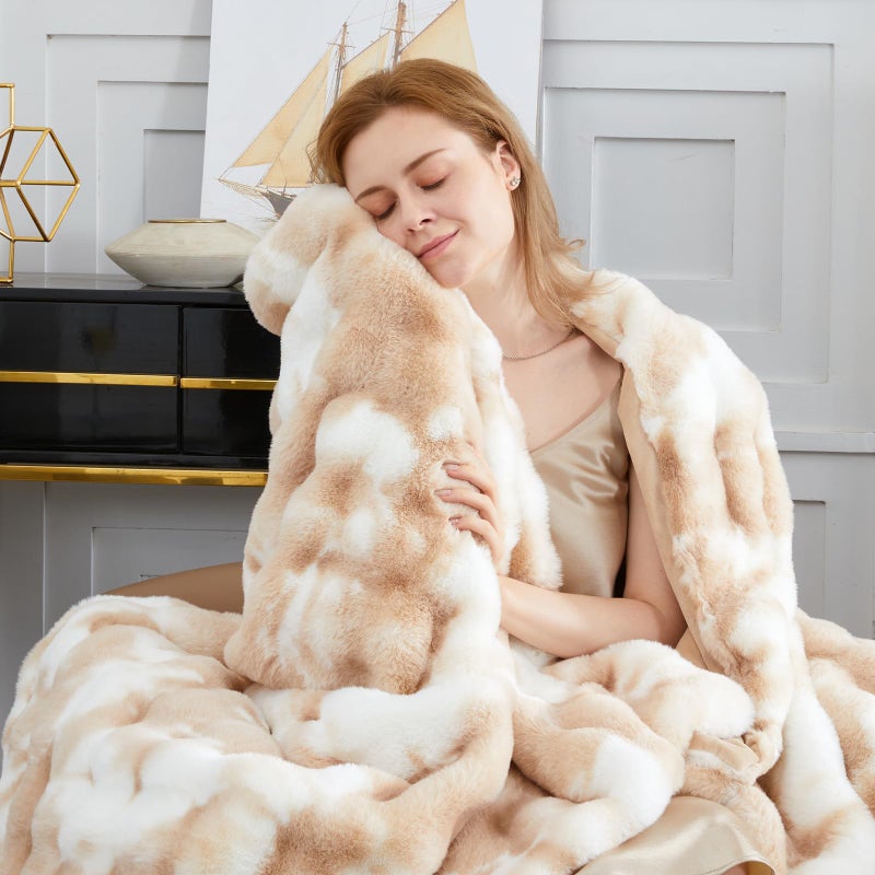 SAPHREAS Faux Fur Throw Blanket for Couch, Fluffy Fuzzy Bubble Blanket for Sofa Bed Living Room, Decor Soft Cozy Gifts for Women Men, 50x60â€ Tie Dye Khaki - Image 1
