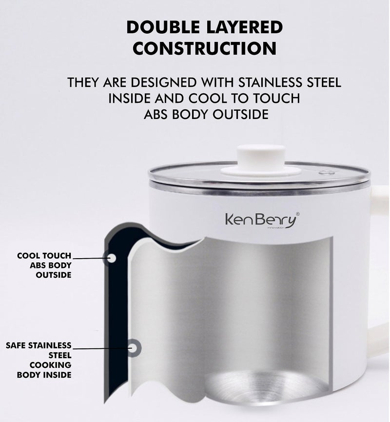KenBerry Handy Cook Multipurpose Stainless Steel Electric Kettle | Multi Kettle | Multi Cooker | Travel Kettle | Boil Water, Baby/Infant Food, Instant Food, Maggie, Tea (600W, 1.65 L, Steel/White) - Image 5