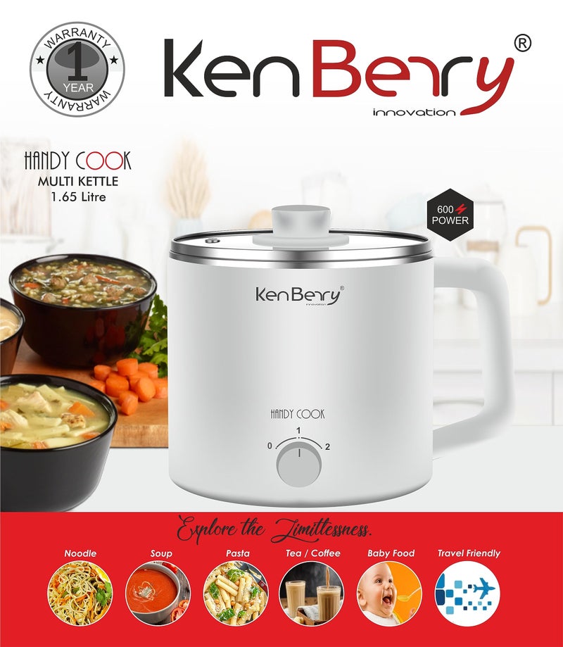 KenBerry Handy Cook Multipurpose Stainless Steel Electric Kettle | Multi Kettle | Multi Cooker | Travel Kettle | Boil Water, Baby/Infant Food, Instant Food, Maggie, Tea (600W, 1.65 L, Steel/White) - Image 3