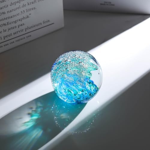 Qianwei Hand Blown Glass Figurines Ball Ocean Waves Paperweight Glass Ball Home Decor Collectible Aquarium Decor Office Decor Ocean Lovers - Image 4