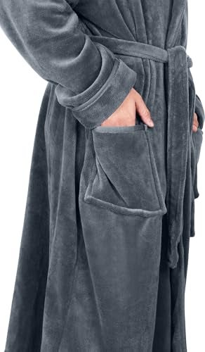 NY Threads روب رجال NY Threads مع غطاء رأس، روب حمام فخم من الفليس المخملي، روب سبا للرجال، صغير/متوسط، رمادي - Image 5