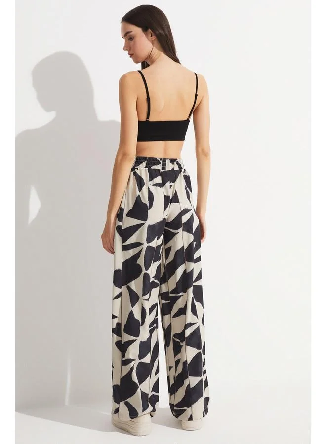 JUNE June Women Exclusive Wide Leg Patterned Woven Elastic Waist Trouser Black