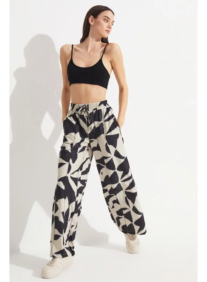 JUNE June Women Exclusive Wide Leg Patterned Woven Elastic Waist Trouser Black