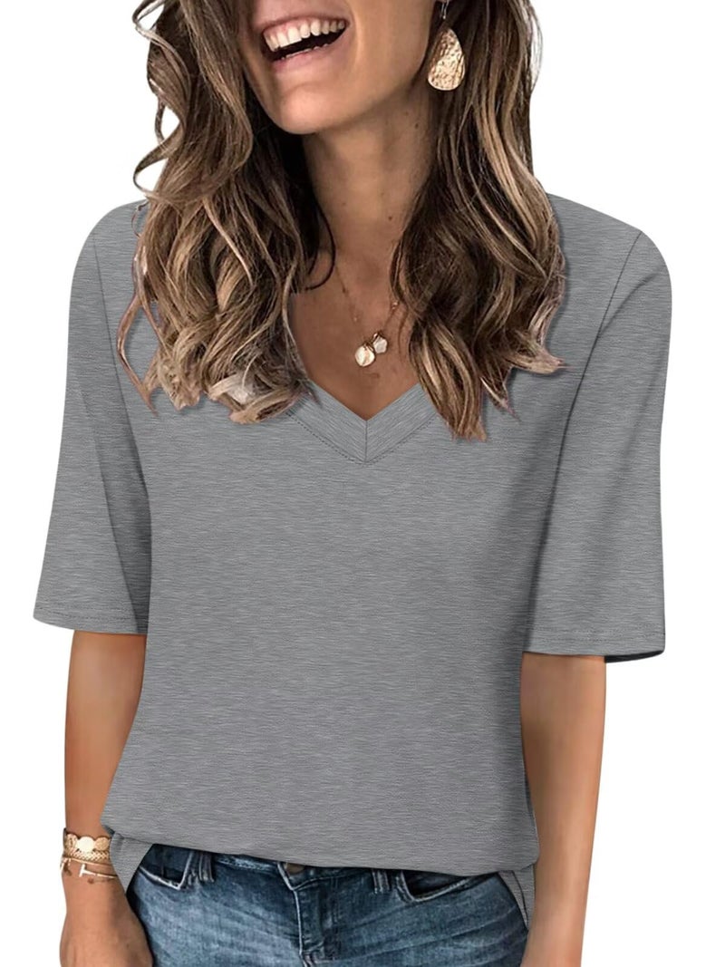 TICTICMISS Women's V Neck T Shirts Half Sleeve Tops Casual Solid Summer Tees Gray - Image 1