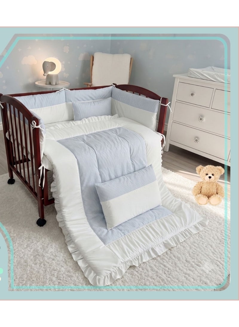 Baby bedding set: bumper, quilt (130x70 cm), and fitted sheet (120x60 cm).