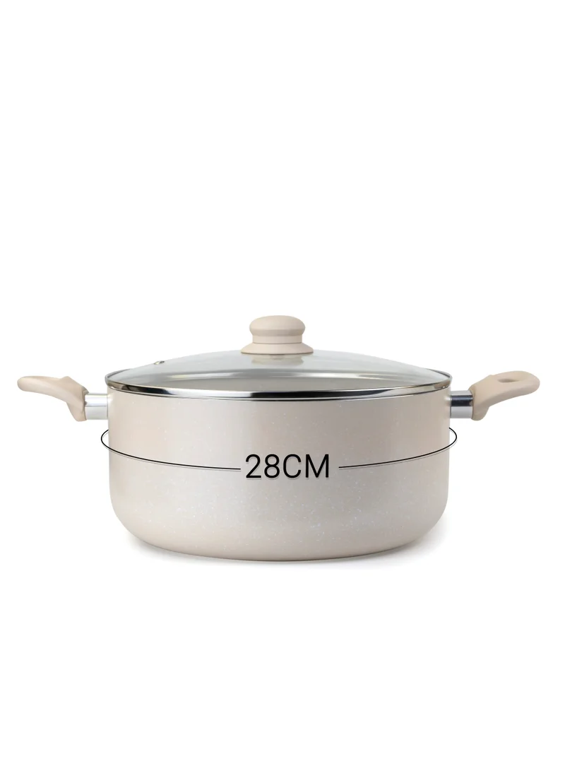 Wilson Oak Casserole with Lid and Marble Coating, Soft Touch Handle Stew Pot Suitable for Gas Electric Induction and Ceramic Stove Dutch Oven - 28cm – Cream