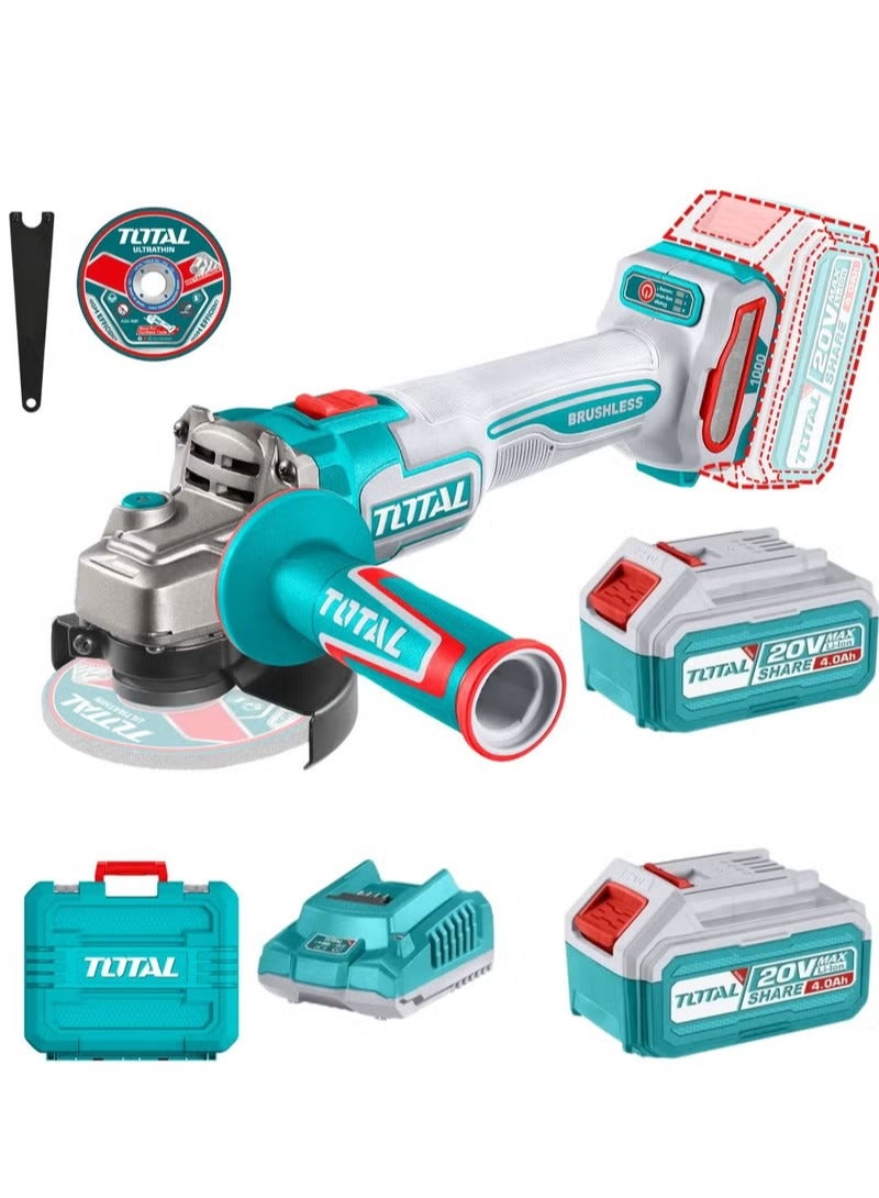 توتال صنفرة زاوية توتال لاسلكية بدون فرشاة 20 فولت - 115 مم، 1000 وات مع بطاريتين 4.0 أمبير/ساعة، وشاحن سريع و10 أقراص قطع معدنية - مثالية للقطع والطحن والأعمال المعدنية - مع حقيبة حمل - Image 2
