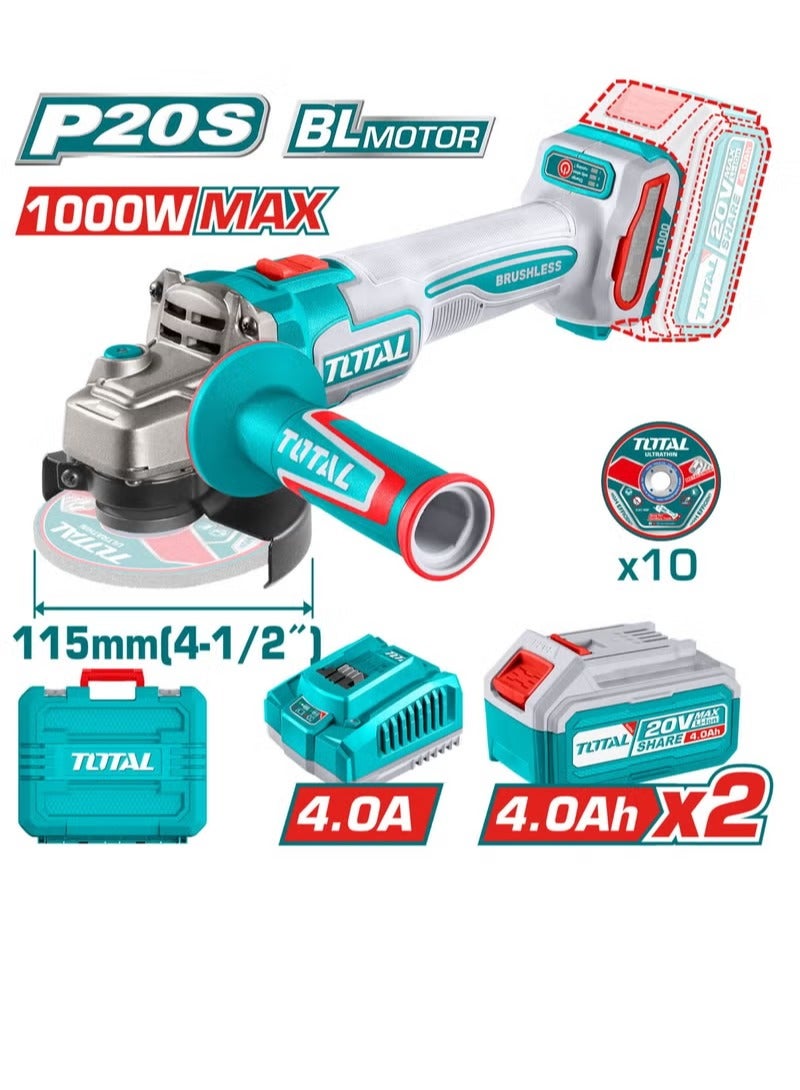 توتال صنفرة زاوية توتال لاسلكية بدون فرشاة 20 فولت - 115 مم، 1000 وات مع بطاريتين 4.0 أمبير/ساعة، وشاحن سريع و10 أقراص قطع معدنية - مثالية للقطع والطحن والأعمال المعدنية - مع حقيبة حمل - Image 1