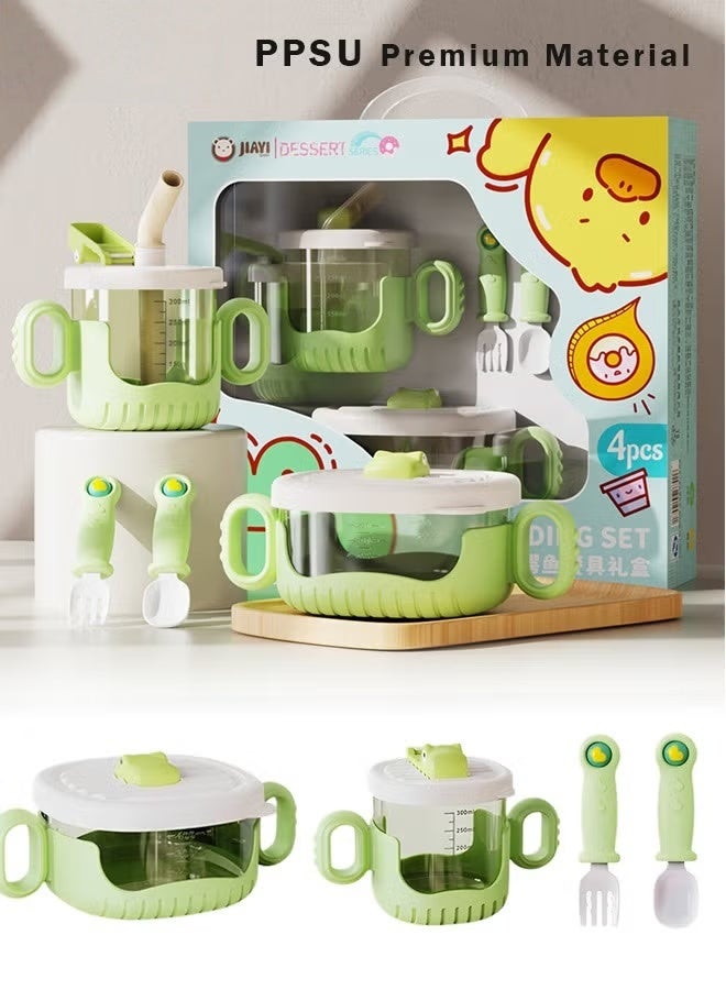 HOOKOR 4-Pieces Baby Feeding Set - Sippy Cup With Straw And Lid, Feeding Bowl, Spoon And Fork - Image 1