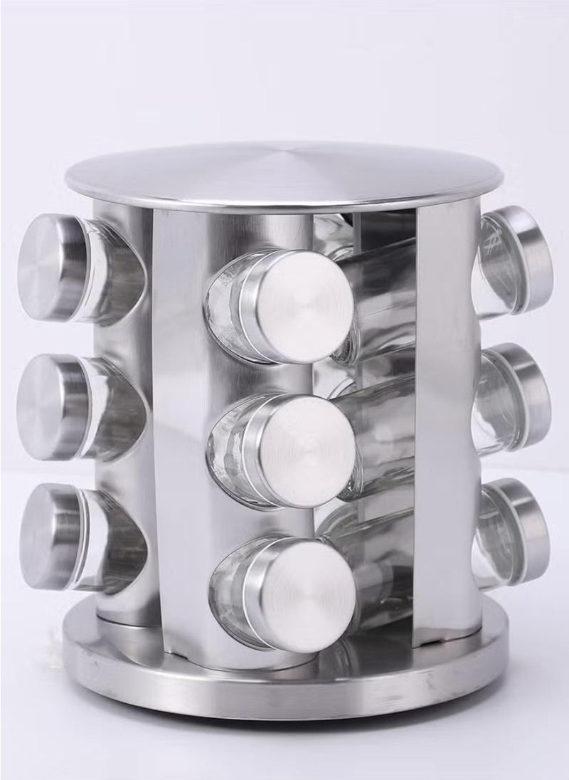 12-Piece Spice Jar Set with Rotating Stainless Steel Rack - Includes Airtight Round Glass Jars for Spices, Herbs and Seasonings - Image 1