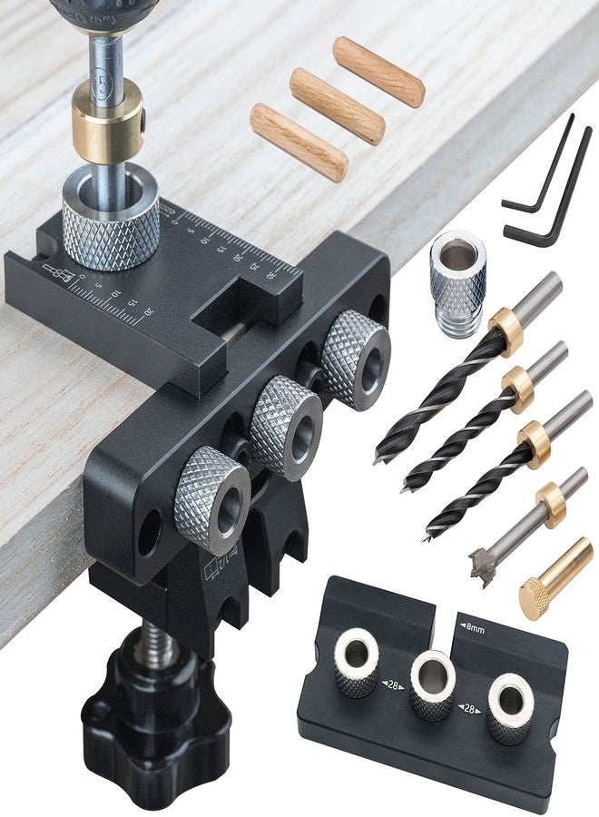 ViewReal 3-in-1 Dowel Jig Kit - Pocket Hole Jig with Adjustable Woodworking Drill Locator, 8/10/15mm Bits, Precision Guide for Furniture Assembly, DIY Projects, Durable Aluminum Alloy - Image 1