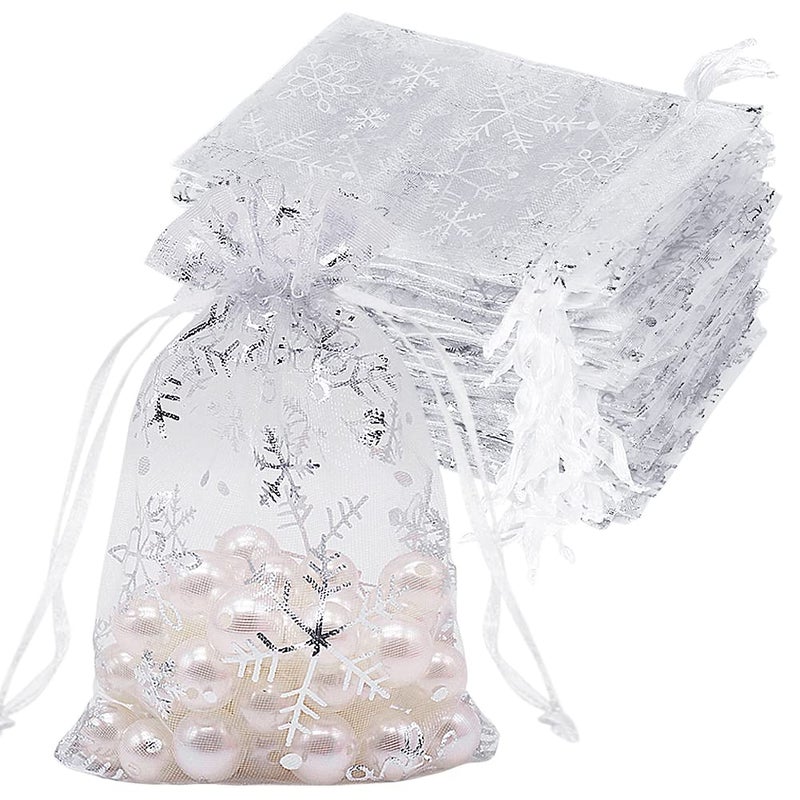 HRX Package 100pcs Snowflake Organza Gift Bags Christmas 4x6 inch Small White Mesh Jewelry Pouches Little Drawstring Candy Bags
