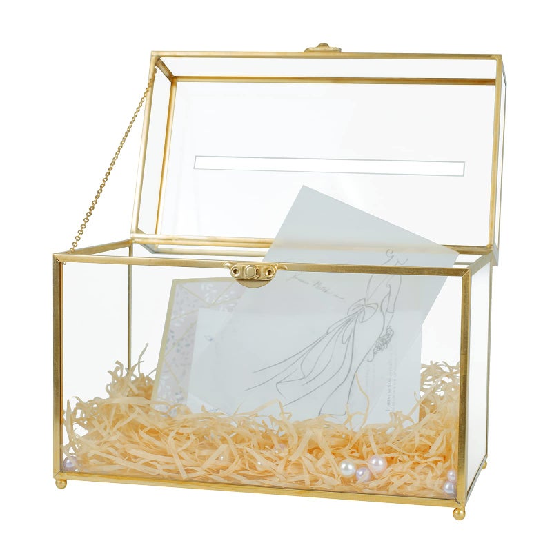 Jajamy Glass Wedding Card Box with Slot Large Clear Card Box Gold Brass Gift Card Storage Box Perfect for Wedding Receptions Birthday Party Bridal Shower Greeting Card Organizer - Image 3