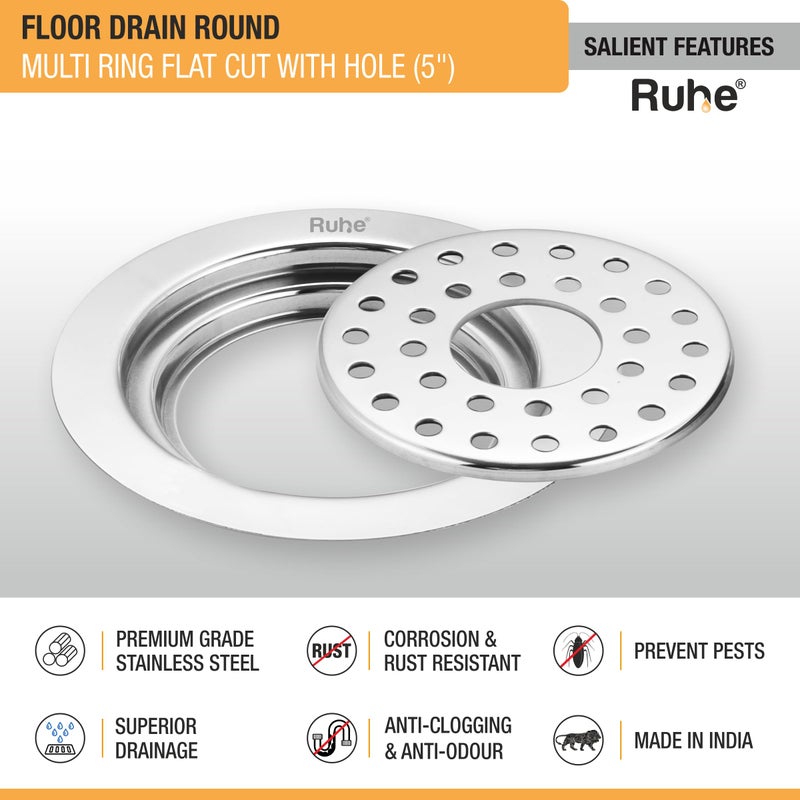 RUHE Ruhe® Flat Cut Floor Drainer/Jali | Premium Grade Stainless Steel Multi Ring Flat Cut Floor Drainer/Jali (with Hole) | (5 X 5 Inches) | (Pack of 2)  - Image 4