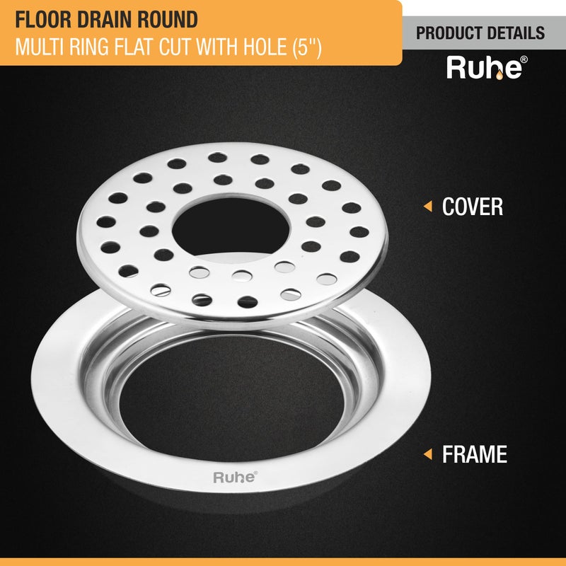 RUHE Ruhe® Flat Cut Floor Drainer/Jali | Premium Grade Stainless Steel Multi Ring Flat Cut Floor Drainer/Jali (with Hole) | (5 X 5 Inches) | (Pack of 2)  - Image 3