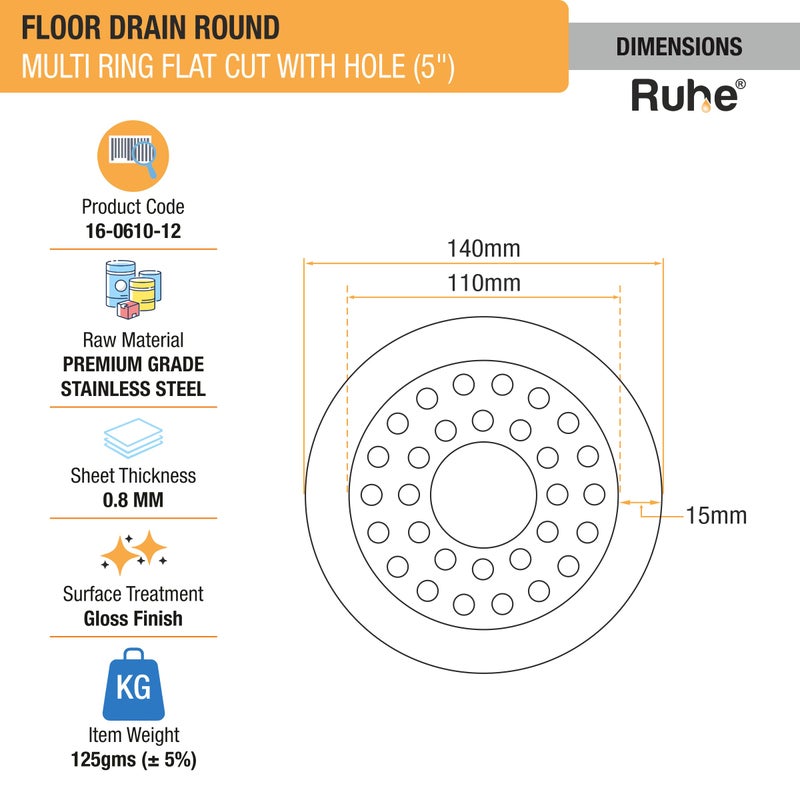 RUHE Ruhe® Flat Cut Floor Drainer/Jali | Premium Grade Stainless Steel Multi Ring Flat Cut Floor Drainer/Jali (with Hole) | (5 X 5 Inches) | (Pack of 2)  - Image 2