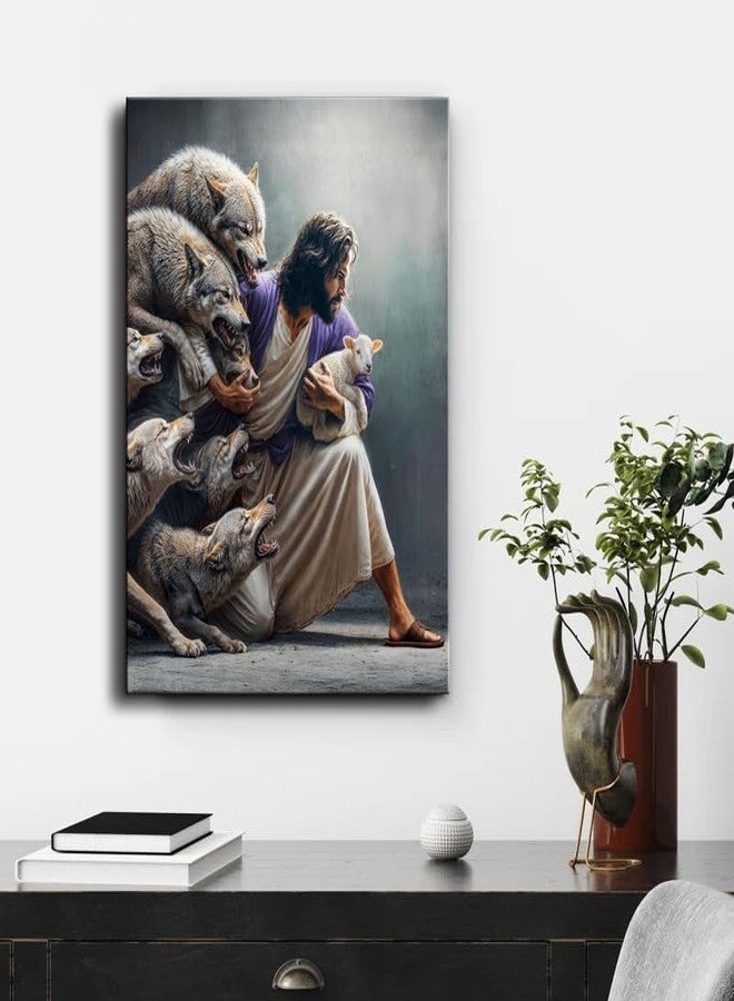 Ploceiny Christian Wall Art Jesus the Good Shepherd Saving Lost Sheep - Guardian Shepherd Protecting Lamb from Wolves, Bible Canvas Print for Church decor Home Decor, Living Room Bedroom,Gift for catholic Women,Christians.A-419 - Image 5