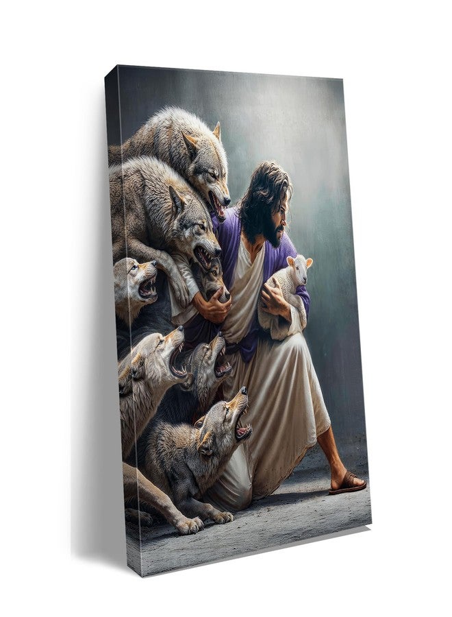 Ploceiny Christian Wall Art Jesus the Good Shepherd Saving Lost Sheep - Guardian Shepherd Protecting Lamb from Wolves, Bible Canvas Print for Church decor Home Decor, Living Room Bedroom,Gift for catholic Women,Christians.A-419 - Image 1