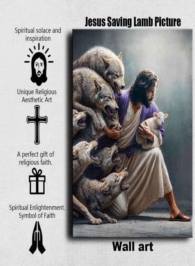 Ploceiny Christian Wall Art Jesus the Good Shepherd Saving Lost Sheep - Guardian Shepherd Protecting Lamb from Wolves, Bible Canvas Print for Church decor Home Decor, Living Room Bedroom,Gift for catholic Women,Christians.A-419 - Image 4