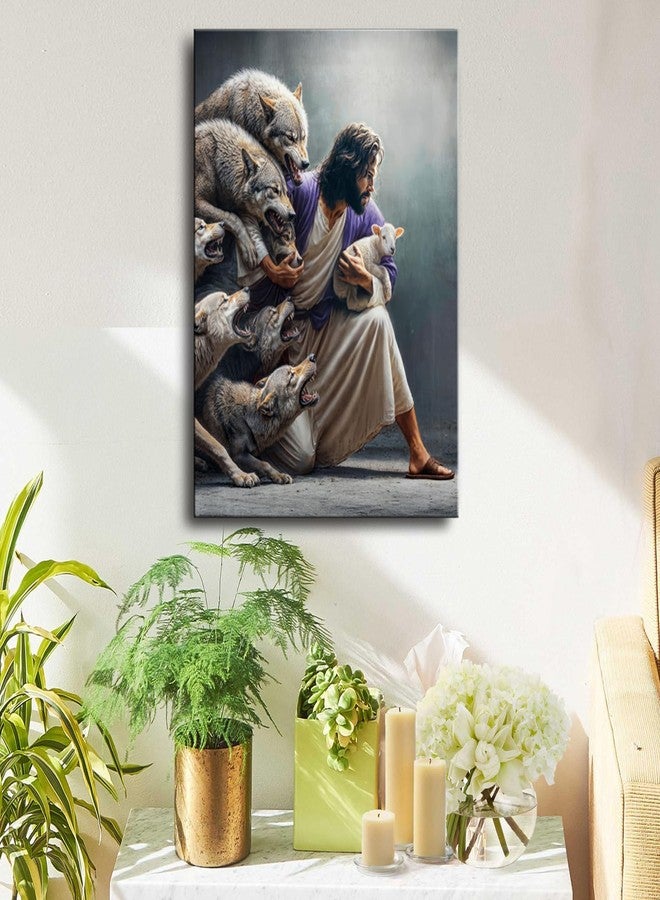 Ploceiny Christian Wall Art Jesus the Good Shepherd Saving Lost Sheep - Guardian Shepherd Protecting Lamb from Wolves, Bible Canvas Print for Church decor Home Decor, Living Room Bedroom,Gift for catholic Women,Christians.A-419 - Image 2