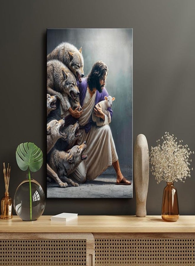 Ploceiny Christian Wall Art Jesus the Good Shepherd Saving Lost Sheep - Guardian Shepherd Protecting Lamb from Wolves, Bible Canvas Print for Church decor Home Decor, Living Room Bedroom,Gift for catholic Women,Christians.A-419 - Image 3