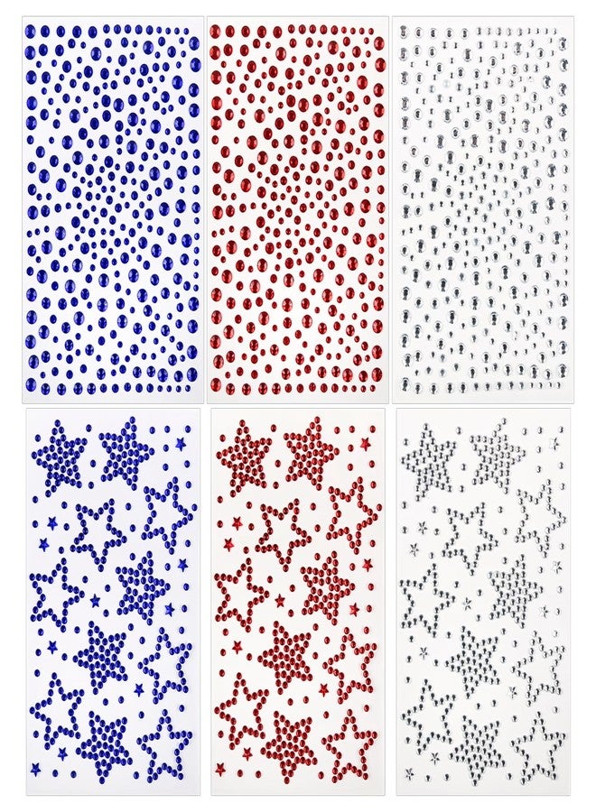 Jacnkb 6 Sheets Self Adhesive Star Gem Stickers Red White Blue Rhinestone Stickers 4th of July Face Jewel Stick on Patriotic Face Makeup Sticker Independence Day Sticker for Body Nails Crafts Decoration - Image 1