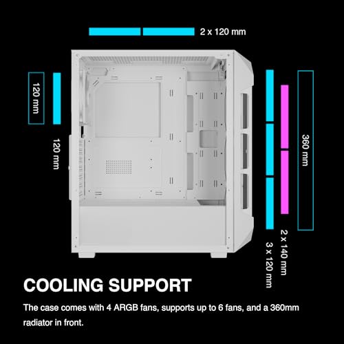 GAMDIAS White ATX Mid Tower Gaming Computer PC Case w/Tempered Glass, Built-in 4X 120mm ARGB Fans, Support Up to 6X 120mm Fans, 360mm AIO/Radiator, 340mm GPU/VGA, 160mm CPU Air Cooler - Image 5
