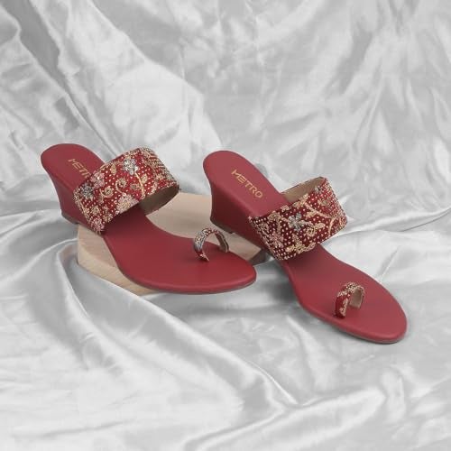 Metro Women Maroon Ethnicwear Wedge Heel Sandal UK/6 EU/39 (35-939) - Image 2