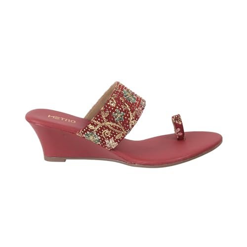 Metro Women Maroon Ethnicwear Wedge Heel Sandal UK/6 EU/39 (35-939) - Image 4