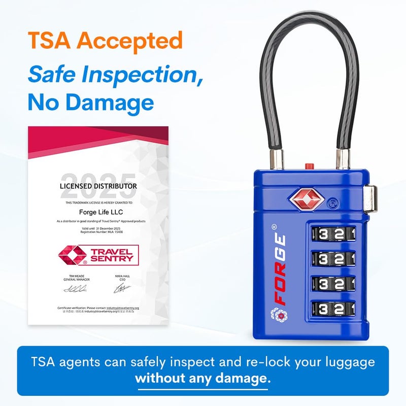 أقفال أمتعة Forge معتمدة من TSA – أقفال سفر TSA برمز مكوّن من 4 أرقام مع TSA008، ومؤشر تنبيه عند الفتح، وهيكل من سبيكة الزنك للأمتعة وحقيبة السفر وحقيبة الظهر وغير ذلك، أسود 2 PK، أقفال كابل - Image 2