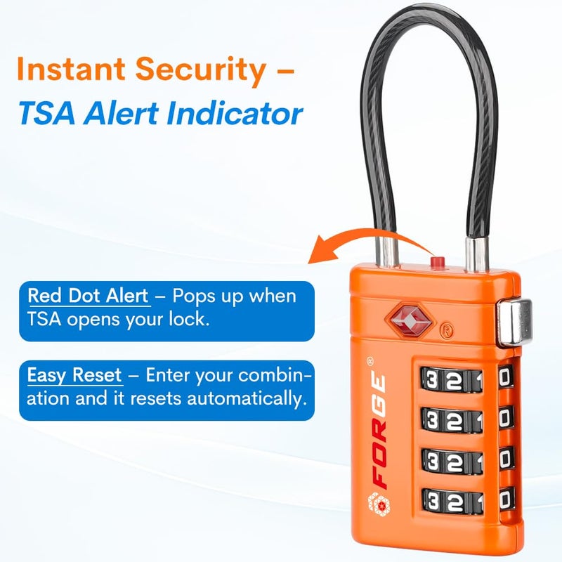 أقفال أمتعة Forge معتمدة من TSA – أقفال سفر TSA برمز مكوّن من 4 أرقام مع TSA008، ومؤشر تنبيه عند الفتح، وهيكل من سبيكة الزنك للأمتعة وحقيبة السفر وحقيبة الظهر وغير ذلك، أسود 2 PK، أقفال كابل - Image 4