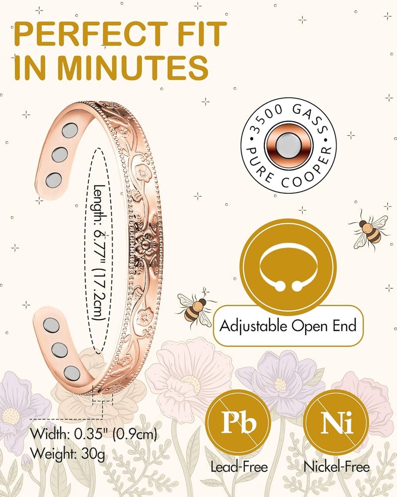 Feraco Copper Therapy Bracelets for Women, Pure Copper Magnetic Cuff Bracelet with Neodymium Magnets, Adjustable with Gift Box, Vintage Flower (Rose Gold) - Image 3